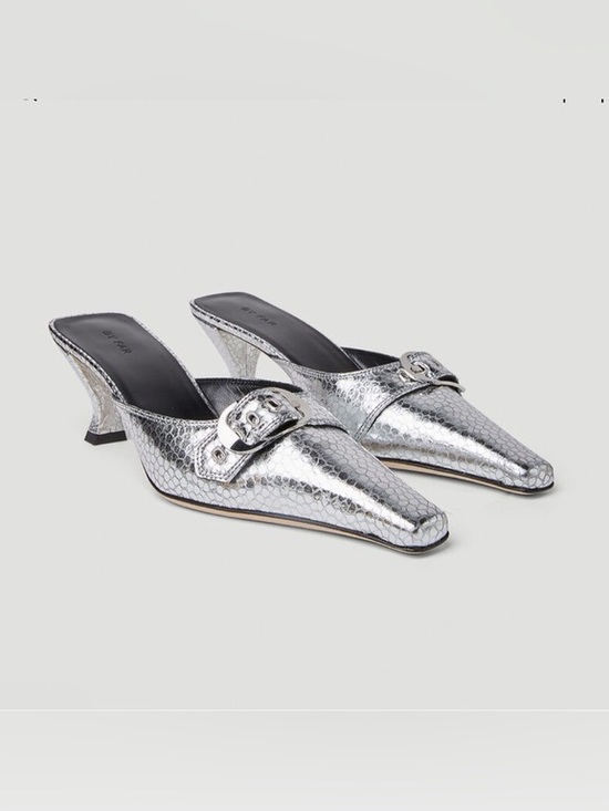 BY FAR Shoes - BY FAR 39 Evelyn Metallic Silver Pointed-Toe Mule Heels with Buckle